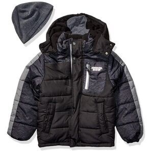 London Fog Baby Boy Black Grey Zip Up Hooded Puffer Jacket With Hat Size 12M